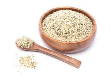 Shelled Hemp Seeds in Wooden Bowl Isolated on White Background. Healthy Food