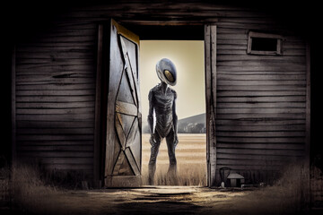 Obraz na płótnie Canvas Alien from space looking in the door of a garage in a rural area.