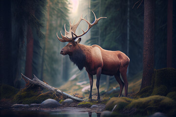 Large bull elk standing in a forest by a pond.