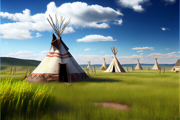 Indigenous encampment on the open prairies of North America. Generative AI. - obrazy, fototapety, plakaty