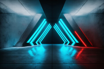 neon glowing blue orange cyber retro sci fi futuristic concrete glossy grunge tunnel. Generative AI.