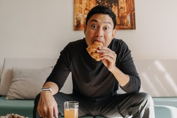 Asian man having bread and juice as breakfast on the sofa living room.