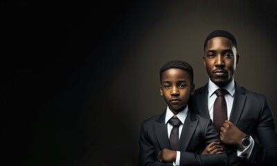 Black African American Father Son Portrait. Successful Powerful Dad Child Diverse Family