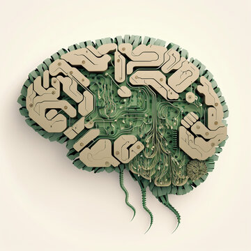 Human Brain Shape Illustration made out of Implant Circuit Board Micro Processor Design. Generative Ai