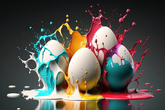 white eggs or easter egg with colorful splashing water background Generative AI