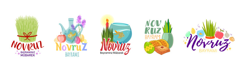 Set of posters for Novruz Bayram holiday on white background