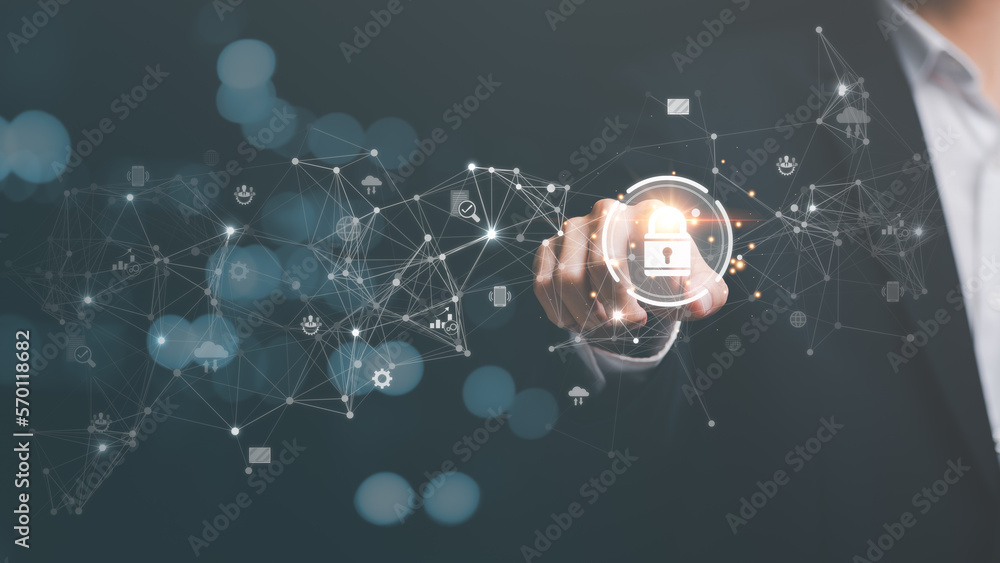 Poster businessman connected network with virtual icon,internet security concept, cyber security online, di