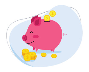piggy bank with stacks of gold coins. illustration of saving money in a piggy bank