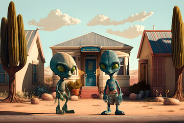 Cute, very adorable grey alien people with huge eyes and smiling, neighbours, meet near their suburban house to take a photo together, friends and good relationship, suburbia galore, sweet houses, AI