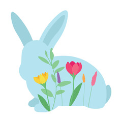 Cute Easter bunny with spring flowers on white background