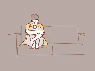 sad woman hugging her knees and crying on corner of sofa simple korean style illustration