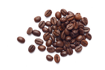Flat lay of coffee beans isolated on white background.