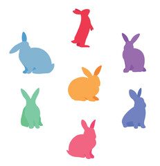 Set of many colorful bunnies on white background