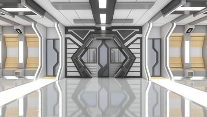 futuristic Corridor with door on spaceship, sci-fi spaceship interior. Metal wall background. 3d renders