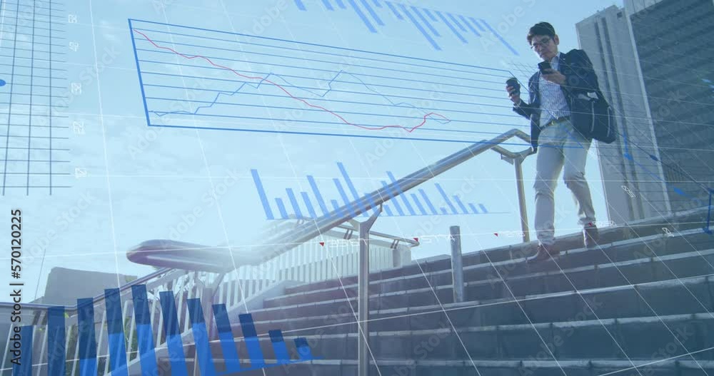 Poster animation of data processing over asian man using smartphone while climbing down the stairs