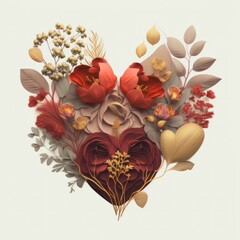 Illustration of a Flower Arrangement in the Shape of a Heart Isolated on White Background; Valentine's Day Card Greeting or Artwork, Made in Part with Generative AI
