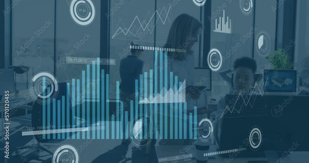 Poster animation of statistical data processing against two diverse women discussing at office