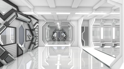 Futuristic white corridor with door in spaceship, sci-fi spaceship interior. 3d rendering © Agusta