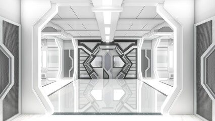 Futuristic white corridor with door in spaceship, sci-fi spaceship interior. 3d rendering