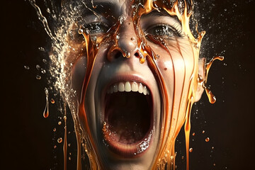Horror, a person, man or woman, face melting with blood and liquid from the heat of global warming, screaming in pain, horrific injuries, scary, intimidating, acid attack, caucasian, insane, halloween