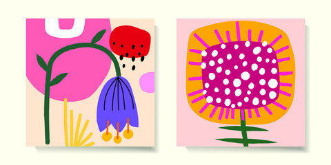 Set of tropical flower and leaves hand drawn vector illustration.