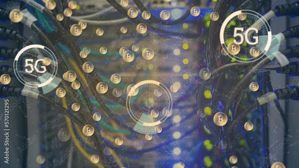 Poster animation of multiple 5g text banners and bitcoin symbols against close up of computer server