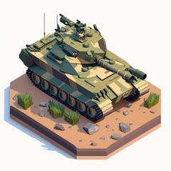 3D Military Tank in Isometric View in Desert