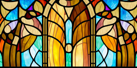 Colorful glowing stained glass, computer generated. abstract background. Stained glass window detail. Generative AI
