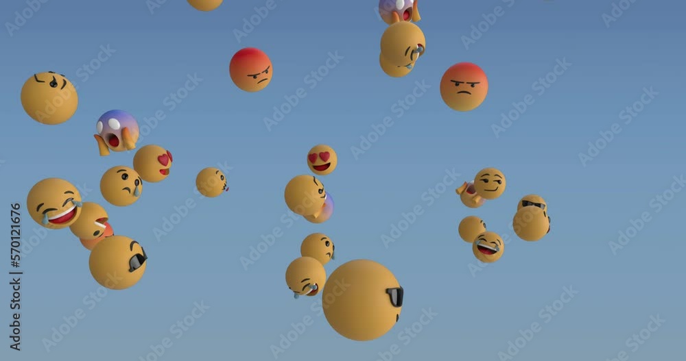 Poster animation of multiple face emojis floating against blue gradient background