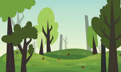 Forest landscape with trees and grass. Vector illustration in flat style.