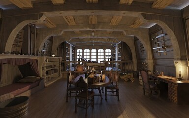 Old Pirate ship cabin interior 3d illustration