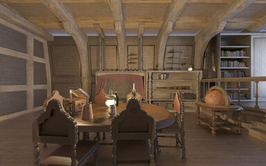 Fototapeta na wymiar Old Pirate ship cabin interior 3d illustration
