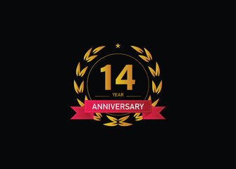 14 year anniversary celebration. Anniversary logo with ring and elegance golden color isolated on black background, vector design for celebration.