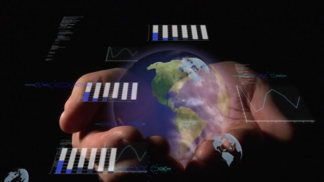 Animation of financial data processing over globe in hands
