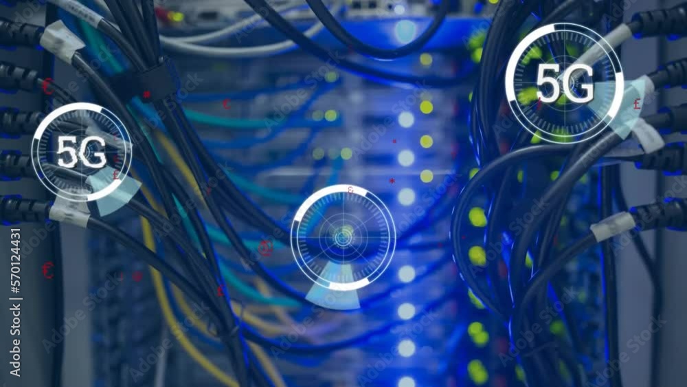Poster animation of 5g text, scopes and data processing over computer server