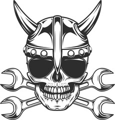 Viking skull in horned helmet and sunglasses with body shop service car and truck mechanic repair tool crossed wrench or construction spanner vintage illustration