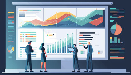 Group of analyst illustration analyzing data and creating insight reports on a business analytics dashboard containing KPIs, charts, and metrics Created by generative AI