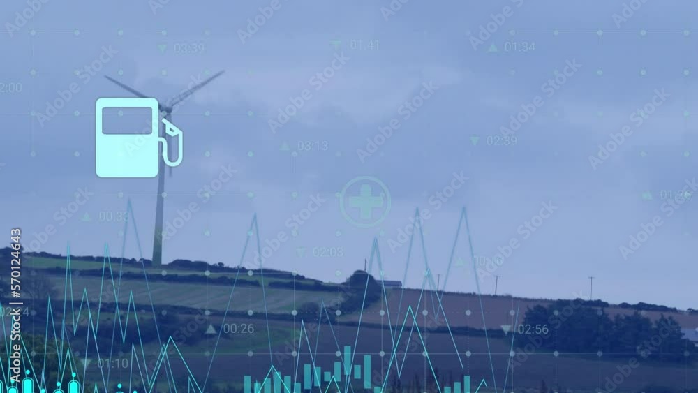 Poster animation of financial data processing over wind turbine