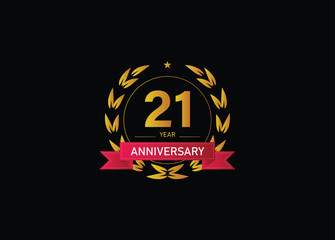 21 year anniversary celebration. Anniversary logo with ring and elegance golden color isolated on black background, vector design for celebration.