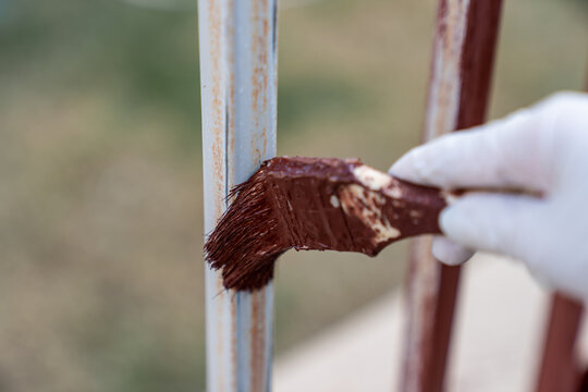 Hand holds a paintbrush and paints the fence, Repair.