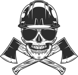Skull in hard hat with sunglasses and crossed metal ax with handle made of wood. Wooden axe construction builder tool.  Element for business woodworking or lumberjack emblem or icon.