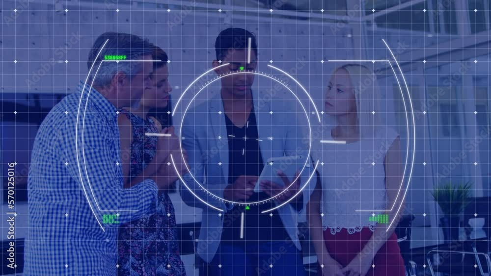 Poster Animation of scope and data processing over diverse business people