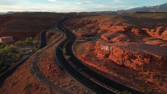 Dixie Rock Above St. George, Utah USA. Aerial View of Tourist Attraction and Lookout at Sunset