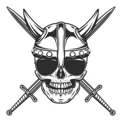 Viking skull in sunglasses and serious medieval nordic warrior in horned helmet and battle sword isolated vector illustration