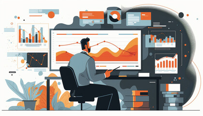 Illustration of Man analyst analyzing data and creating insight reports on a business analytics dashboard containing KPIs, charts, and metrics Created by generative AI