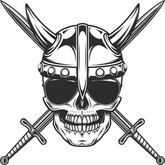 Viking skull in sunglasses and serious medieval nordic warrior in horned helmet and battle sword isolated illustration