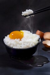 Raw egg on steaming jasmine rice over dark background with smoke in the air , copy space.