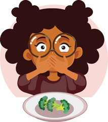 Picky Eater Hating Broccoli Covering her Mouth Vector Cartoon Illustration. Unhappy little girl refusing to have fresh nutritious vegetables 
