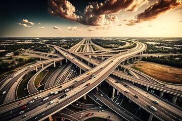 Aerial view massive highway intersection, stack interchange with elevated road junction overpass at late afternoon in Houston, Texas. This five-level freeway interchange carri heavy traffic, panorama.