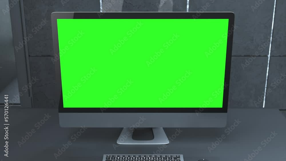 Poster computer green screen mock-up on work desk in office dark room. designed in minimal concept. can be 